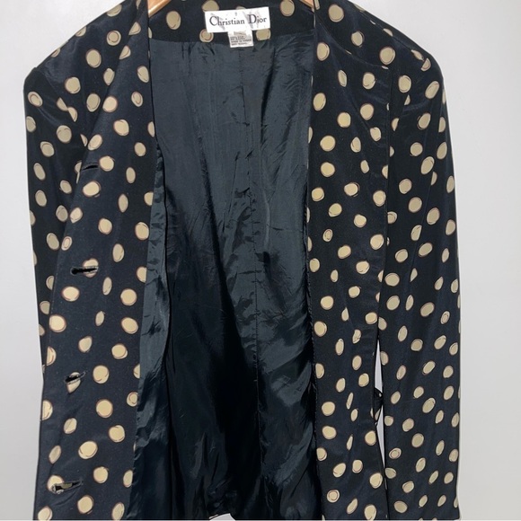 Christian Dior Vintage Silk Blazer Jacket Women's Size 8 Black Tan Polka Dot Top - Picture 6 of 12